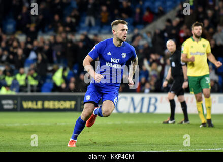 Cardiff City's Joe Ralls celebrates scoring his side's first goal of the game during the Sky Bet Championship match at the Cardiff City Stadium, Cardiff. PRESS ASSOCIATION Photo Picture date: Friday December 1, 2017. See PA story SOCCER Cardiff. Photo credit should read: Simon Galloway/PA Wire. RESTICTIONS: EDITORIAL USE ONLY No use with unauthorised audio, video, data, fixture lists, club/league logos or 'live' services. Online in-match use limited to 75 images, no video emulation. No use in betting, games or single club/league/player publications. Stock Photo