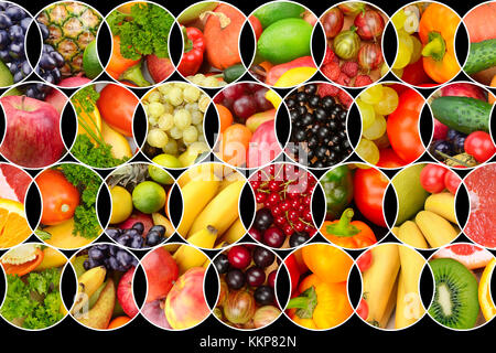 Collage of fresh fruits and vegetables. Background of useful products. Stock Photo