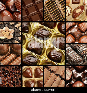 collage of chocolates and biscuits. Sweet background. Stock Photo