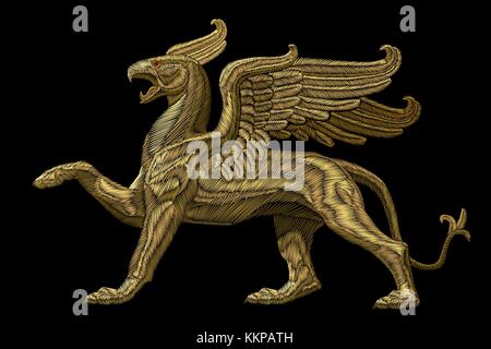 Golden textured embroidery griffin textile patch design. Fashion decoration ornament fabric print. Gold on black background legendary mythic heraldic character lion eagle vector illustration Stock Vector
