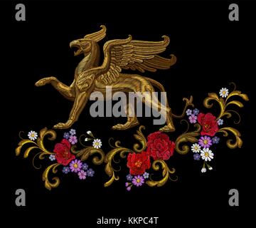 Golden textured embroidery griffin textile patch design. Fashion decoration ornament fabric print. Gold on black background legendary mythic fairy character lion eagle vector illustration Stock Vector