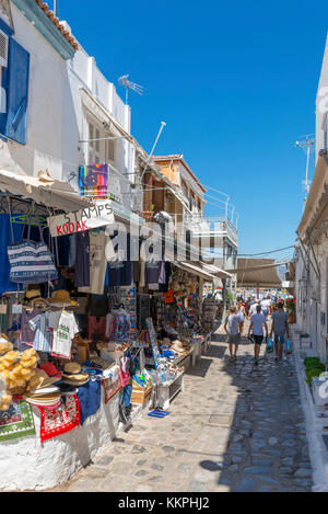 Shops on a typical street near the harbour, Hydra, Saronic Islands, Greece Stock Photo