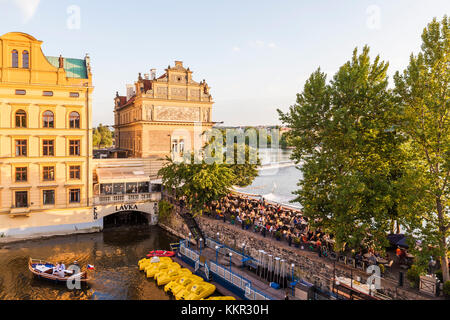 Czechia, Prague, old town, Vltava, restaurant club Lavka, terrace, excursion boat Stock Photo