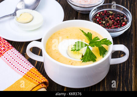 Vegetable soup cream with boiled egg Stock Photo