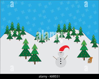 Illustrated snowman and squirrel with Christmas decorations in snowy pine forest field with blue skies and snowflakes. Stock Vector