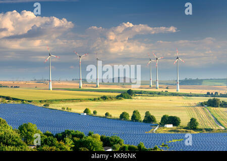 Alternative energy, wind power stations and solar farm, Saxony-Anhalt, Germany Stock Photo