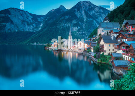 Hallstatt and the lake at dawn, Upper Austria, region of Salzkammergut, Austria Stock Photo