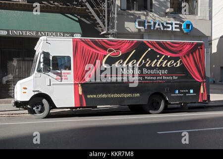 CELEBRITIES BOUTIQUES, a truck turned into a omwen's clothing store parked on Broadway in Greenwich Village, New York City. Stock Photo