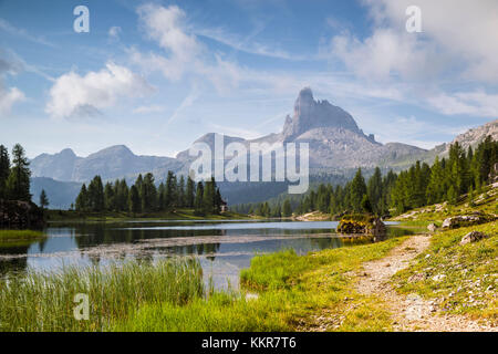 Mount Becco di Mezzodì and lake Federa;Cortina d'Ampezzo,Belluno district,Veneto,Italy Stock Photo