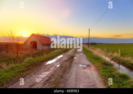 A barn in East Frisia at Sunset Stock Photo