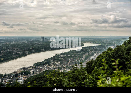 View from Siebengebirge Drachenfels on the Rhine, direction Königswinter. Visible are Bonn and Cologne in background. Stock Photo