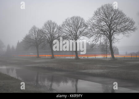 Carlights in the fog, taken at street near Wiesmoor, East Frisia Stock Photo