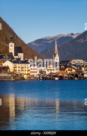 Austria, Upper Austria, Salzkamergut, Hallstatt, town view, dawn Stock Photo