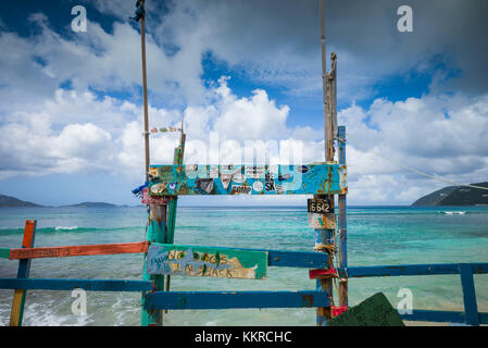 British Virgin Islands, Tortola, Capoons Bay, Bomba's Beach Shack outdoor bar, signs Stock Photo