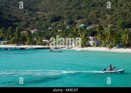 British Virgin Islands, Jost Van Dyke, Great Harbour, beachfront and boat Stock Photo