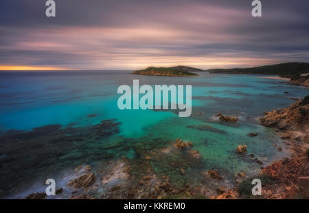 Tuerredda sunset before the thunderstorm, Teulada, Sardinia, Italy Stock Photo