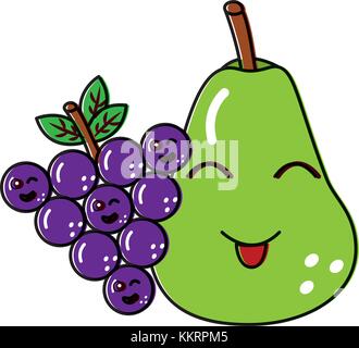 kawaii pear and grapes fruits cartoon Stock Vector