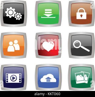 set of nine glossy buttons with internet and tech symbols - vector Stock Vector