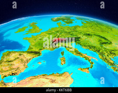 Satellite view of Switzerland highlighted in red on planet Earth. 3D illustration. Elements of this image furnished by NASA. Stock Photo