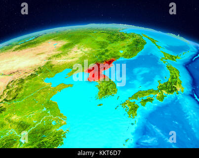 Satellite view of North Korea highlighted in red on planet Earth. 3D illustration. Elements of this image furnished by NASA. Stock Photo