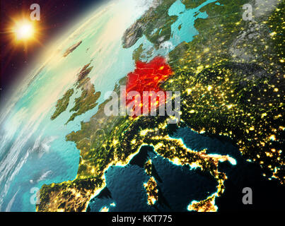 Illustration of Germany as seen from Earth’s orbit during sunset. 3D illustration. Elements of this image furnished by NASA. Stock Photo