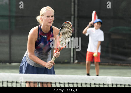 BOCA RATON, FL - NOVEMBER 03:  Maeve Quinlan playing Tennis at The Boca Raton Resort Tennis Center for the 27th Annual Chris Evert/Raymond James Pro-Celebrity Tennis Classic, on November 3, 2017 in Boca Raton, Florida.  People:  Maeve Quinlan Stock Photo