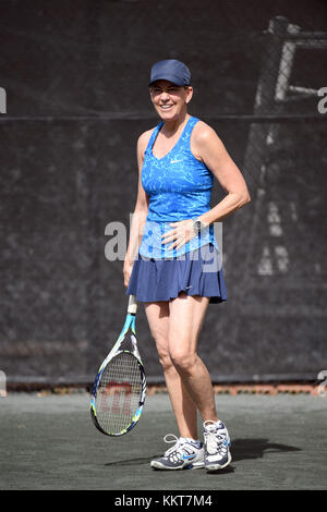 BOCA RATON, FL - NOVEMBER 03:  Chris Evert playing Tennis at The Boca Raton Resort Tennis Center for the 27th Annual Chris Evert/Raymond James Pro-Celebrity Tennis Classic, on November 3, 2017 in Boca Raton, Florida.  People:  Chris Evert Stock Photo