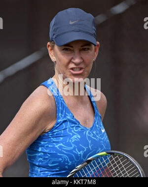 BOCA RATON, FL - NOVEMBER 03:  Chris Evert playing Tennis at The Boca Raton Resort Tennis Center for the 27th Annual Chris Evert/Raymond James Pro-Celebrity Tennis Classic, on November 3, 2017 in Boca Raton, Florida.  People:  Chris Evert Stock Photo