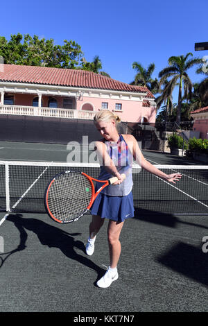 BOCA RATON, FL - NOVEMBER 03:  Maeve Quinlan playing Tennis at The Boca Raton Resort Tennis Center for the 27th Annual Chris Evert/Raymond James Pro-Celebrity Tennis Classic, on November 3, 2017 in Boca Raton, Florida.  People:  Maeve Quinlan Stock Photo