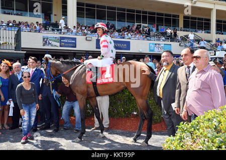 HALLANDALE, FL - APRIL 01: Antonio Sano went from being kidnapped twice in Venezuela to training a Kentucky Derby contender. Seen here at the 66th running of the Xpressbet Florida Derby (Grade 1) which has a 1 million dollar purse at Gulfstream Park on April 1, 2017 in Hallandale, Florida   People:  Conquest Hardcandy Stock Photo