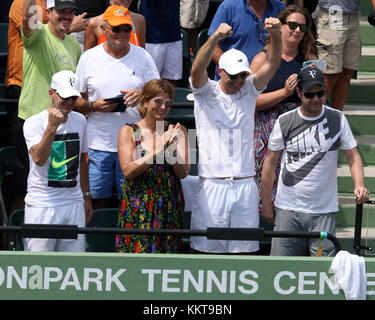 KEY BISCAYNE, FL - APRIL 02: A pregnant looking Mirka Federer watches husband Roger Federer of Switzerland defeats Rafael Nadal of Spain during the Men's Final on day 14 of the Miami Open at Crandon Park Tennis Center on April 2, 2017 in Key Biscayne, Florida.   People:  Mirka Federer Stock Photo