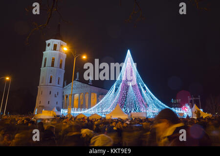 Vilnius, Lithuania - circa December, 2017: Christmas tree on the cathedral square Stock Photo