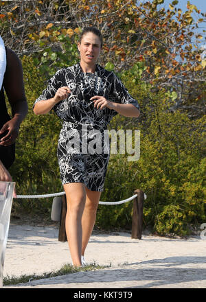 KEY BISCAYNE, FL - APRIL 01: Johanna Konta of Great Britain poses during a photo shoot after she defeated Caroline Wozniacki of Denmark in the woman's final on Day 13 of the Miami Open on April 1, 2017 in Key Biscayne, Florida.    People:  Johanna Konta Stock Photo