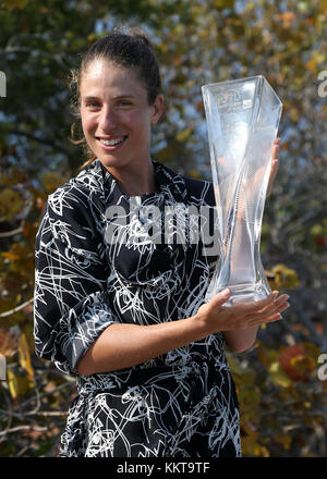 KEY BISCAYNE, FL - APRIL 01: Johanna Konta of Great Britain poses during a photo shoot after she defeated Caroline Wozniacki of Denmark in the woman's final on Day 13 of the Miami Open on April 1, 2017 in Key Biscayne, Florida.    People:  Johanna Konta Stock Photo