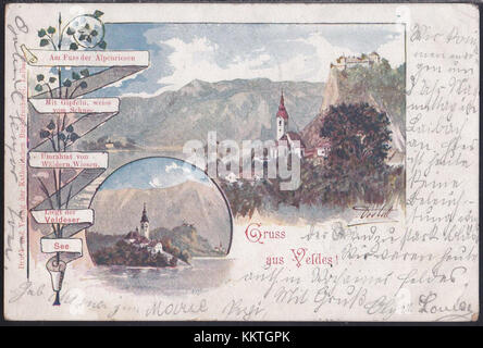A 1901 postcard of Bled, Slovenia, captures the picturesque town and its famous lake, highlighting its natural beauty and historical charm as a popular tourist destination. Stock Photo