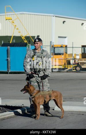 US Air Force soldier with bomb-sniffing dog at Gowen Thunder 2017 Air Show, Gowen Field, Boise Idaho, October 14 2017 Stock Photo