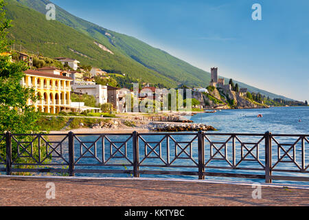 Town of Malcesine castle and waterfront view, Veneto region of Italy, Lago di Garda Stock Photo