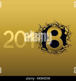 2018 New Year. Broken golden metal background. Texture with hole, cracks, number eight and broken pieces Stock Vector