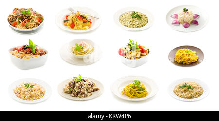 photo of delicious italian pasta and rice dishes putted into a collage Stock Photo