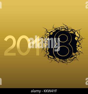 2018 New Year. Broken golden metal background. Texture with hole, cracks, number eight and broken pieces Stock Vector
