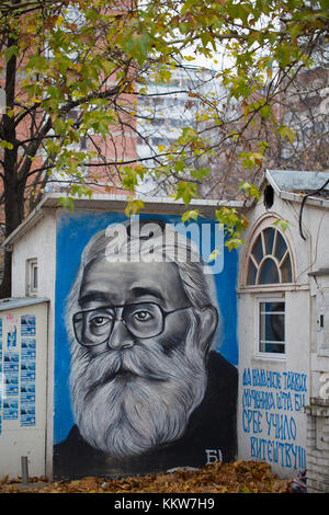 Portrait graffiti of Radovan Karadzic alias Dragan Dabic at a wall of a tavern called Luda Kuca (Crazy House) in New Belgrade, Belgrade Serbia. Stock Photo