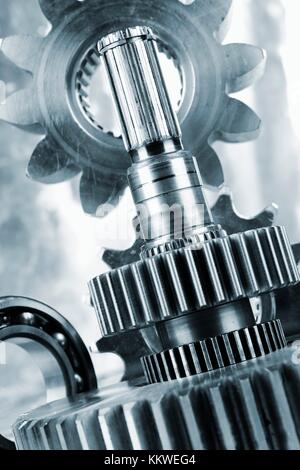 Large steel gears, cogs and ball-bearings used for rocket and aerospace industry. Stock Photo