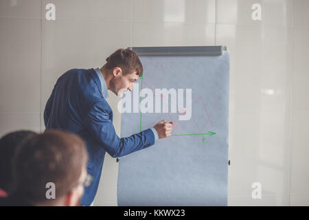 Business plan explained on flipchart by CEO to employees Stock Photo