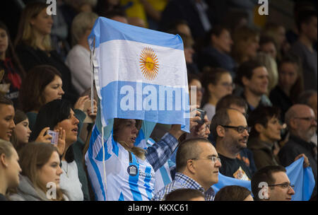 Bietigheim-Bissingen, Germany. 02nd Dec, 2017. A fan holds up an Argentinian flag during the preliminary round of the World Women's Handball Championship between Czech Republic and Argentina in the EgeTrans arena in Bietigheim-Bissingen, Germany, 02 December 2017. Credit: Marijan Murat/dpa/Alamy Live News Stock Photo