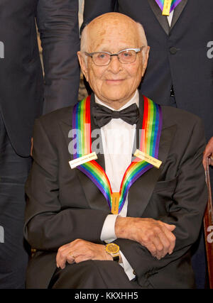 Washington DC, USA. 2nd December, 2017. Norman Lear, one of he five recipients of the 40th Annual Kennedy Center Honors with his award as he poses for a group photo following a dinner hosted by United States Secretary of State Rex Tillerson in their honor at the US Department of State in Washington, DC on Saturday, December 2, 2017. The 2017 honorees are: American dancer and choreographer Carmen de Lavallade; Cuban American singer-songwriter and actress Gloria Estefan; ; American television writer and producer Norman Lear; and American mu Credit: MediaPunch Inc/Alamy Live News Stock Photo