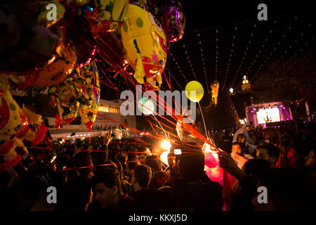 Bethlehem, West Bank. 2nd December, 2017. Large crowd gathered to celebrate the lighting of the holiday Christmas tree in front of the Church of Nativity in Bethlehem, West Bank, Palestine Credit: Gabi Berger/Alamy Live News Stock Photo