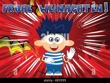 Vector illustrated cartoon boy with Merry Christmas text in German. Stock Vector