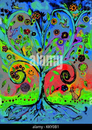 Pop art tree of life. The dabbing technique gives a soft focus effect due to the altered surface roughness of the paper. Stock Photo