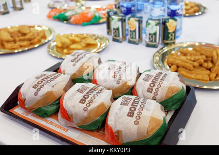 Six Whoppers on a tray in 500th Burger King restaurant in Russia in the day of opening Stock Photo