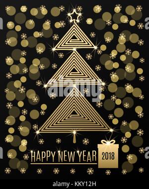 Christmas Tree with New Year Greeting. Golden Christmas Tree with Star consist of Curved Line in the Spiral Shape, on the Black Background with Golden Stock Vector